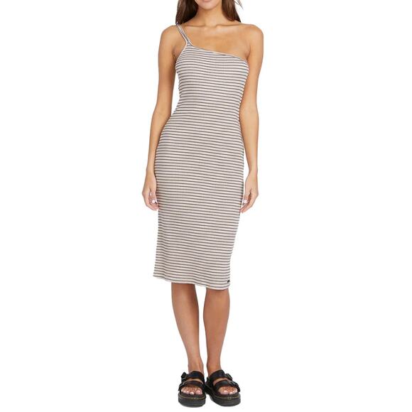 Volcom Big Island Energy One Shoulder Midi Dress in Pink Black Striped - Picture 1 of 9